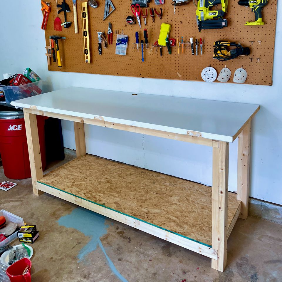 A photograph of the finished workbench (with a white door for a top)
